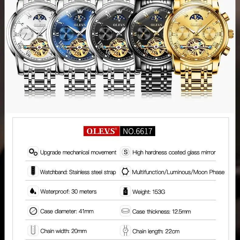 OLEVS Automatic Mechanical Watch for Men Skeleton Flywheel Design Stainless steel Waterproof Moon Phase Top Brand Men Watch 2024