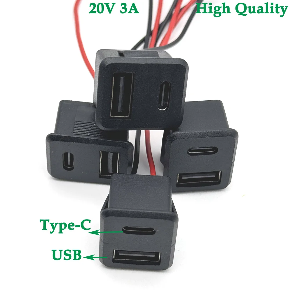 

1/3PCS 20V 3A Double layer USB female base type-c socket a female USB lamp charging socket power socket with cable 3A connector