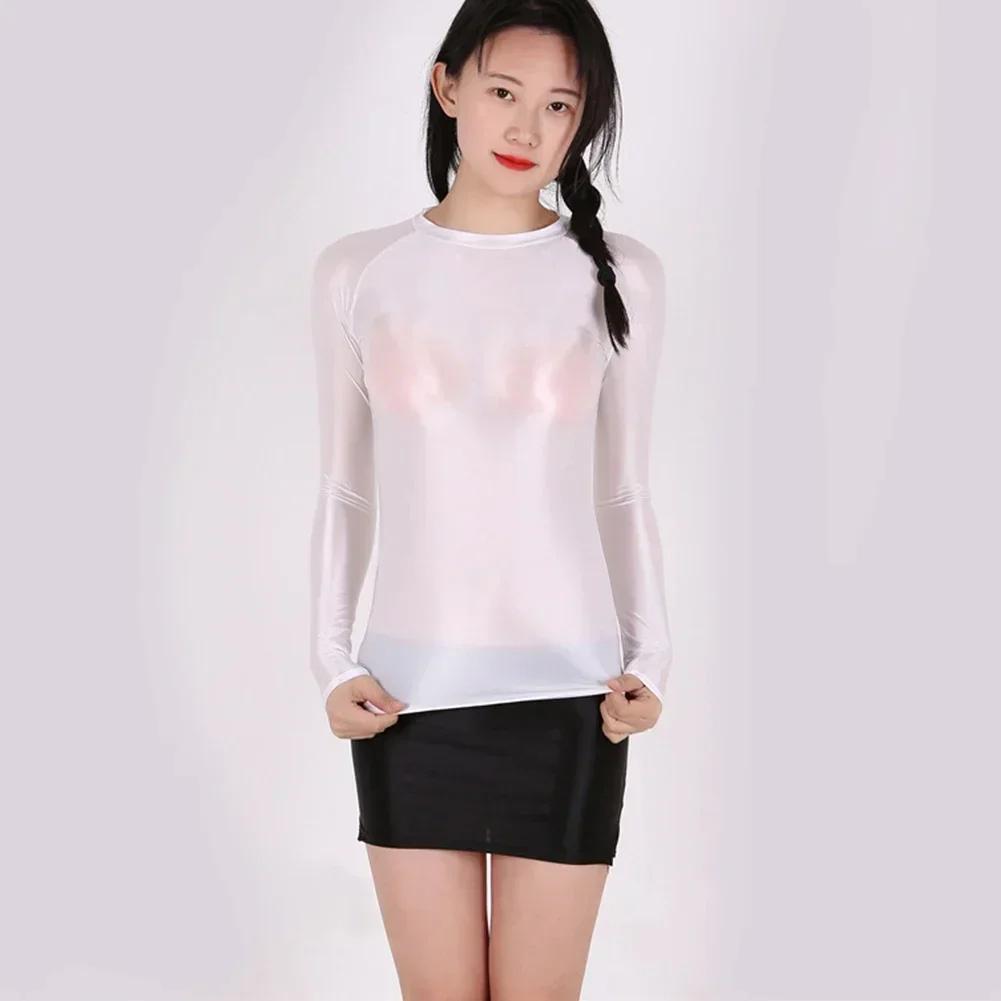 New Oil Shiny Glossy Bodycon T-Shirts Transparent Long Sleeve Slim Tight Yoga Gym Stretch Tees Top T Shirt Clothing For Women