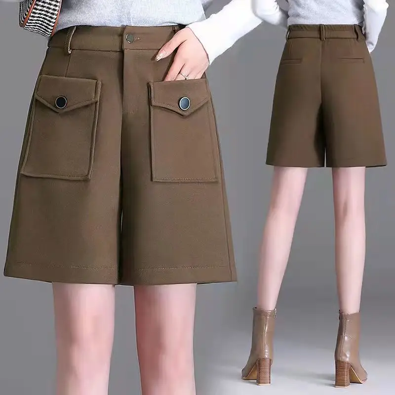 Pantalones cortos de lana para mujer, Shorts elásticos de cintura alta, con bolsillos, botones, estilo Mori, hasta la rodilla, novedad de otoño