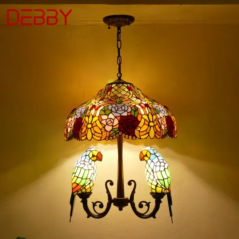 DEBBY Tiffany Parrot Chandelier Vintage Creative Color Glass Living Room restaurant Bedroom Hotel Corridor Pendant Lamp