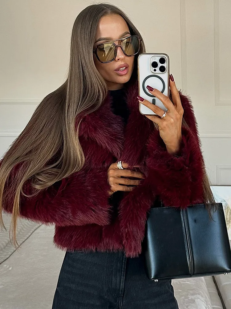 2024 Winter New Burgundy Fluffy Faux Fur Jacket For Women Elegant Turn-down Collar Long Sleeve Plush Coat Female Warm Streetwear