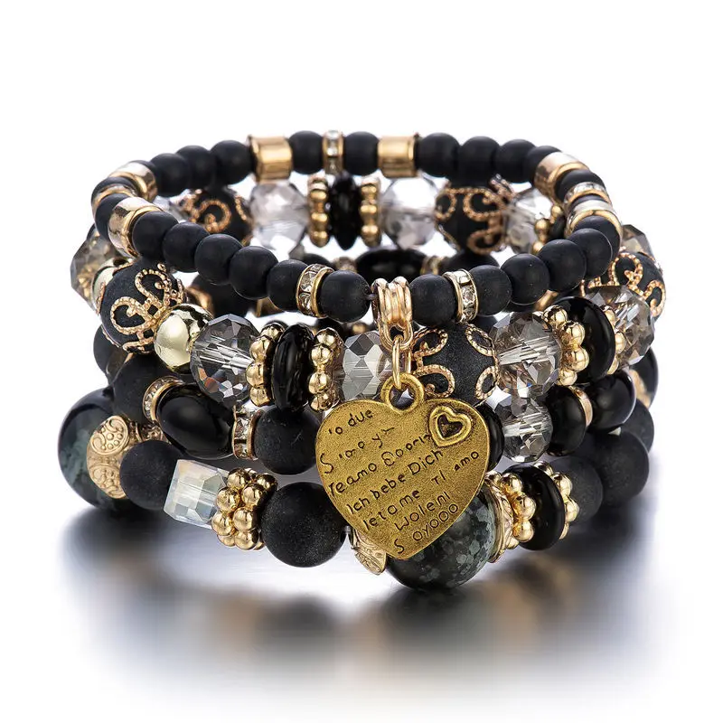 4-teiliges Boho-Armband-Set mit Kristallperlen und Kettendesign für Damen, Vintage-Herzanhänger, elastisches Armband, modischer Party-Schmuck für Frauen – Detail 4