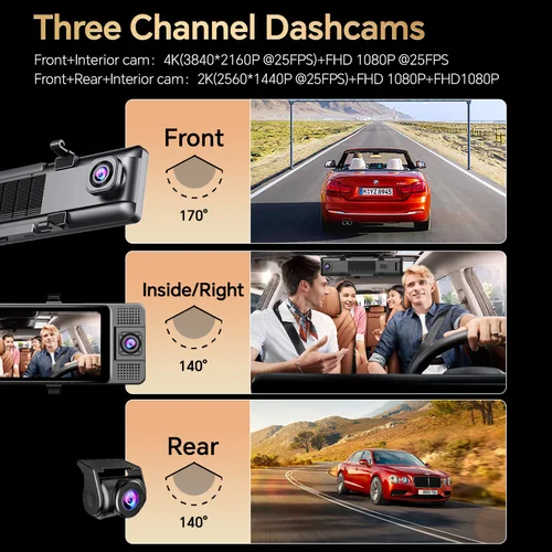 Imagen 2 del producto Cámara de salpicadero H330, espejo retrovisor de 3 canales, parte delantera interior trasera, 4K + 1080P + 1080P, WiFi, GPS, lente Dual, cámara Dvr para coche, visión nocturna infrarroja