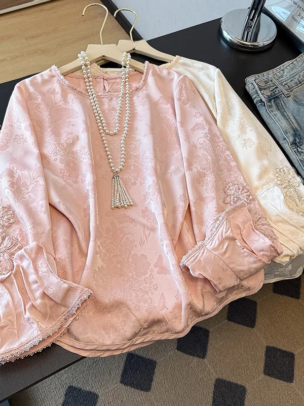 Elegant round Neck Loose Fit Satin Embroidered Beaded Shirt Women's Traditional Chinese Style Inner Wear Base Top