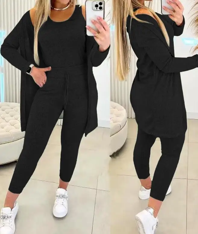 European and American women's 2024 spring/summer new women's casual solid color round neck vest and drawstring pants set