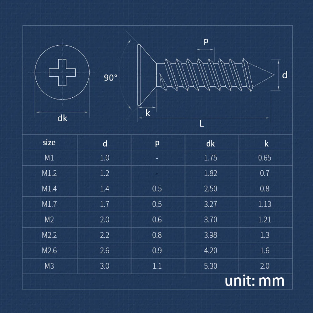 Flat Head Cross Countersunk Self-tapping Fasteners Carbon Steel Nickel Coated M1~M3 200-500Pcs Precision Instrument Fittings