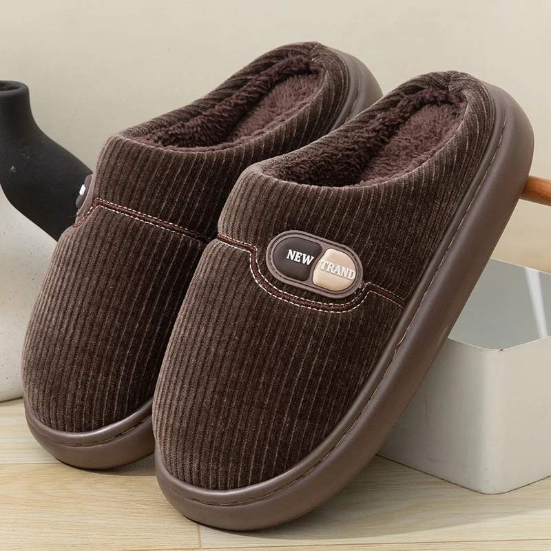 Men's Autumn Winter Closed-Toe Cotton Slippers, Thickened Plush Heat-Locking Lining, Extra Thick Flat Sole Anti-Slip Warm Indoor