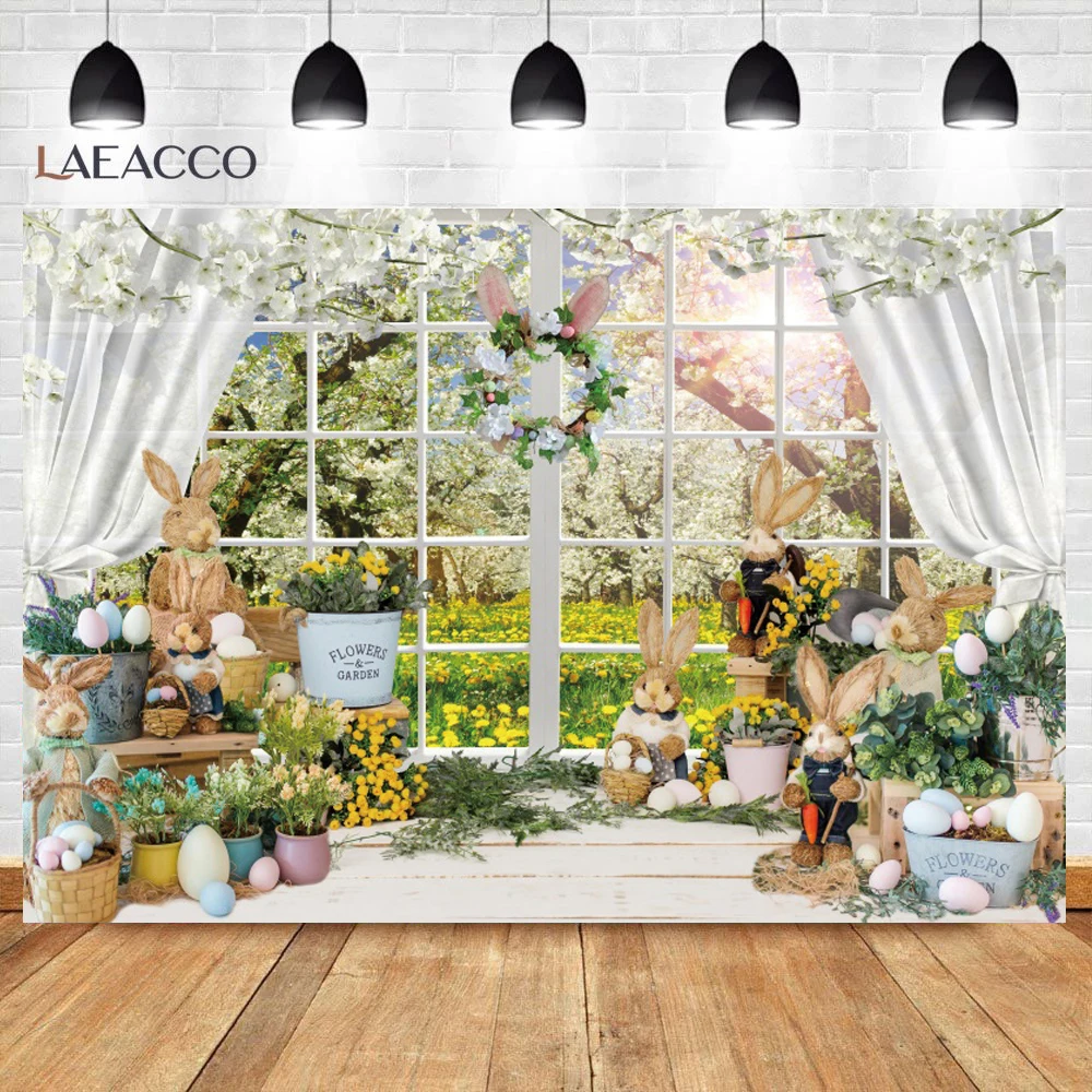 Spring Easter Day Background For Photography Bunny Easter Eggs Flower Vintage Wood Board Kids Birthday Party Decor Backdrops