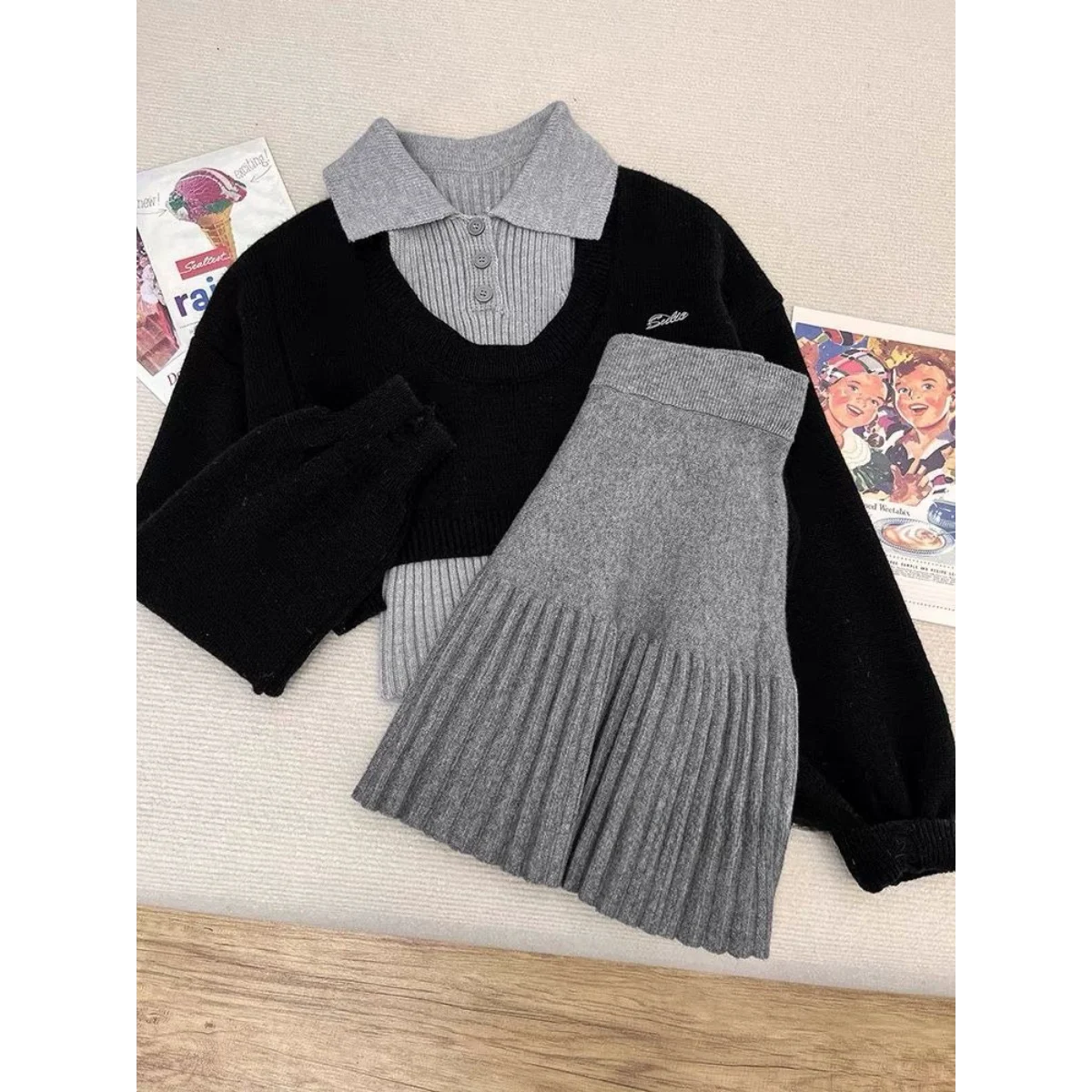 

Korean Style Retro Knined Dress Sets Long Sleeve Sweater + High Waist Skirt Two Piece Set Casual Women Autumn Matching Sets