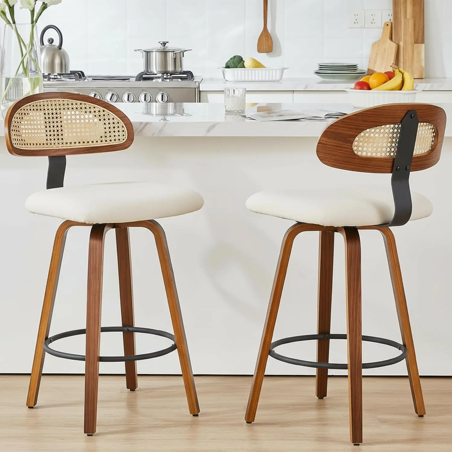 

26in Swivel Counter Height Bar Stool Upholstered Bentwood Rattan Back Mid Century Kitchen Dining White Set of 2, Customized
