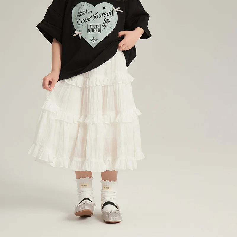 

Girls' White Skirt Medium and Older Children's French Sweet Ruffle Cake Skirt Spring New Children's Versatile Dress Casual