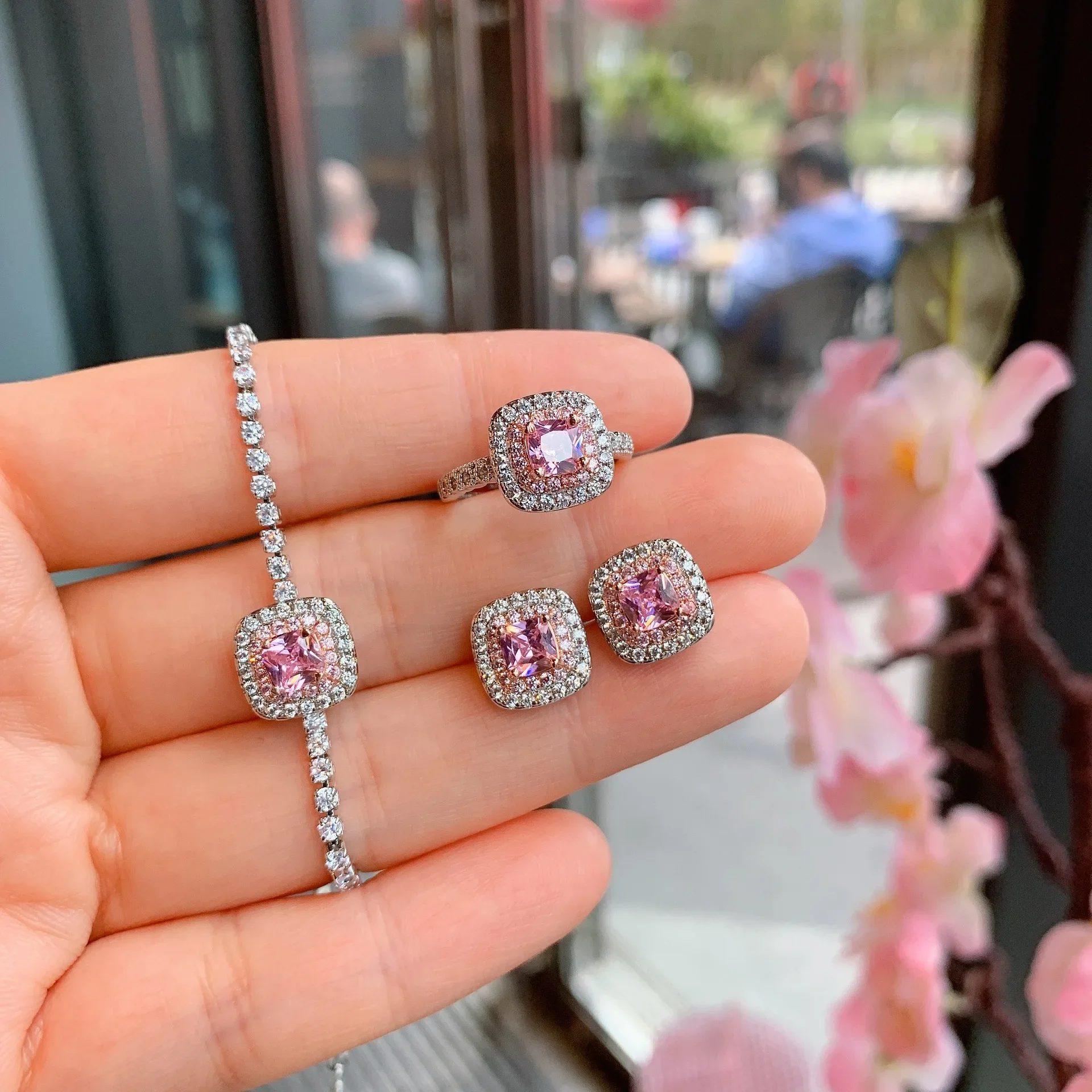 

Vintage Square Pink Diamond Cubic Zircon Earrings Bracelet Adjustable Ring Jewelry Women Encanto Wedding Accessories Wife Gift