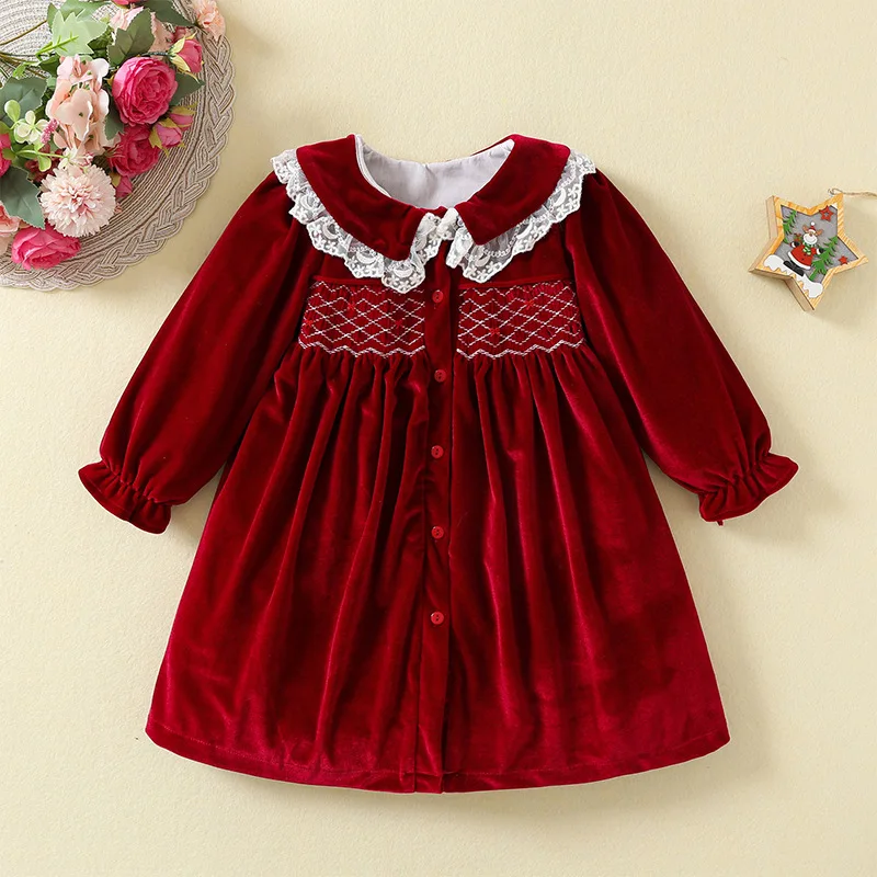 New Year Girls Velvet Dress Retro Princess Long Sleeve Christmas Party Handmade Smock Toddler Formal Cute Party Red Green Outfit