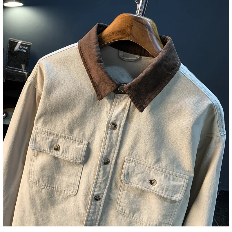

Autumn new shirt jacket men's loose retro workwear shirt plus size color blocked collar clothes