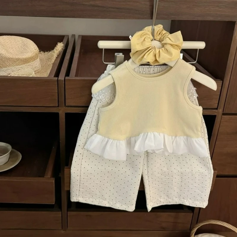 

Summer Girls' Set: White Lace Trim Vest + Pink Anti-Mosquito Dot Pants 2PC Comfy Breathable Outfit for 2-6Y Baby Girl Clothes