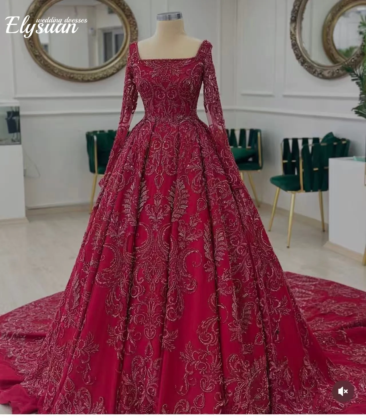 Vestido de fiesta personalizado, vestido de novia, vestido de novia rojo de manga larga con cuello cuadrado, vestido de novia con apliques de encaje de perlas, salón frontal De N