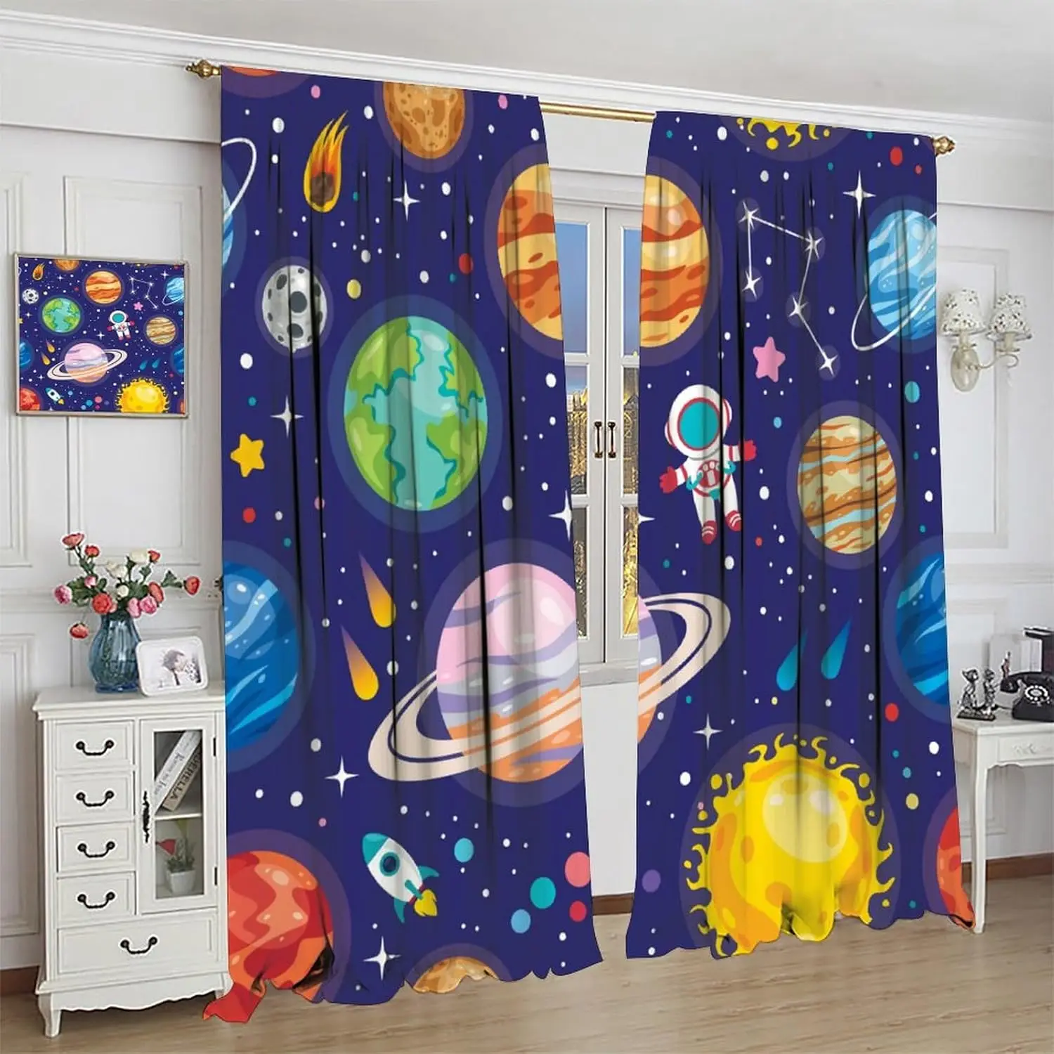 Kid Galaxy Window Curtains, Cartoon Outer Space Planet Rocket Astronaut Curtains for Kids Boys Room Child Bedroom Decor