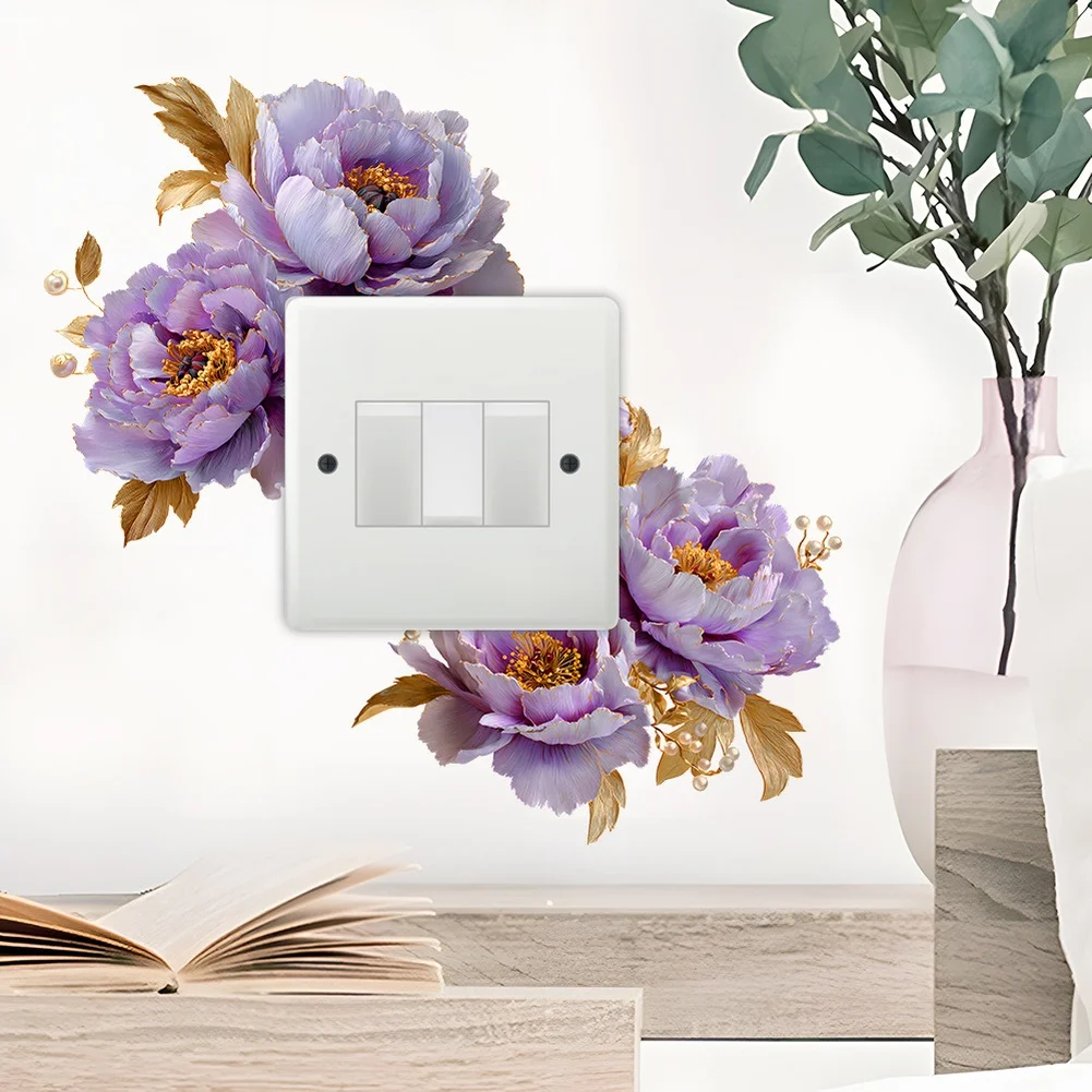 Waterproof PVC Peony Switch Sticker with Golden Edge Design for Standard Wall Switches Interior Decor Enhancement