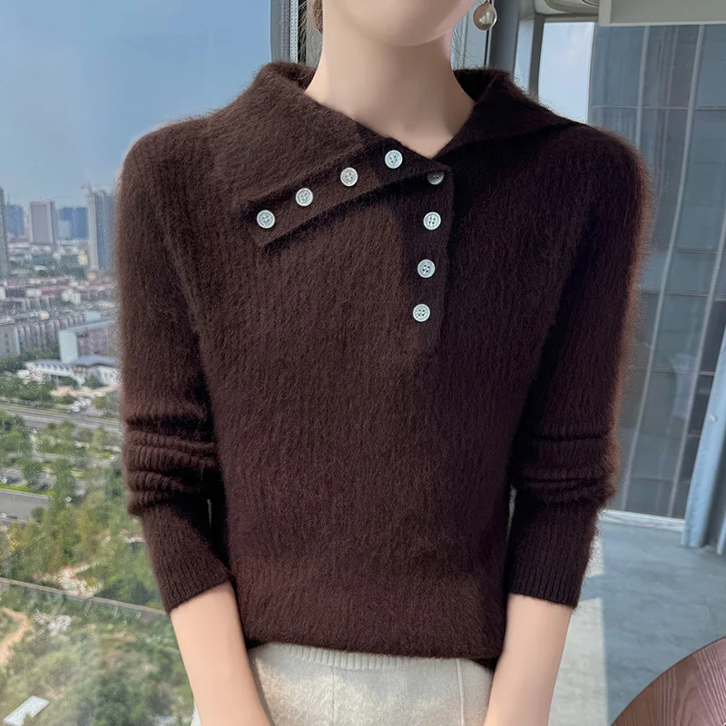 

Women Button Lapel Sweater Autumn Winter Mink Cashmere Knitted Soft Pullovers Long Sleeve Slim Fit Fashion Trend Tops