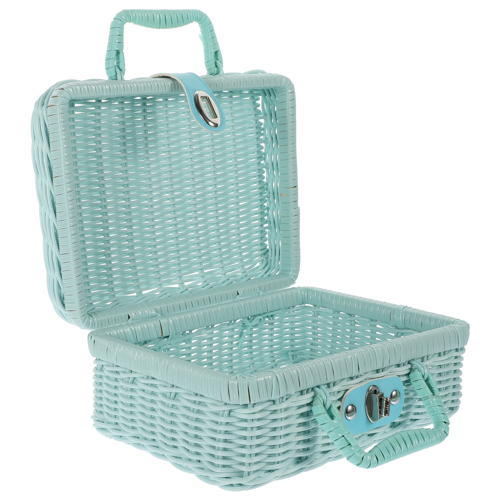 

Vintage Imitation Rattan Storage Box Basket Light Blue 22x17x11cm Wedding Photography Decorative Souvenir Carry Handle PP