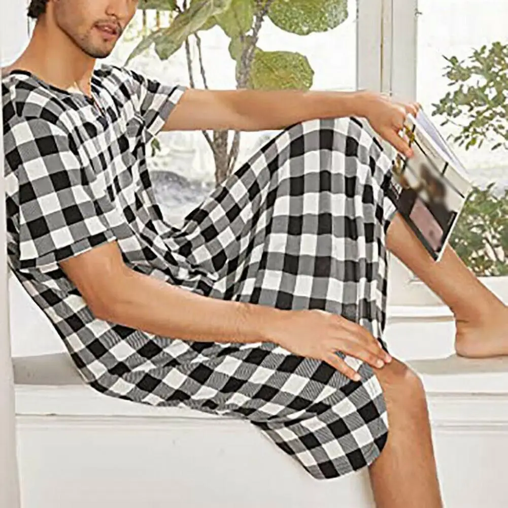 V-Hals Pyjama Geruite Print Heren Zomerpyjama Met Korte Mouwen Borstzak V-Hals Casual Slaapjas Uit Één Stuk Voor Comfort