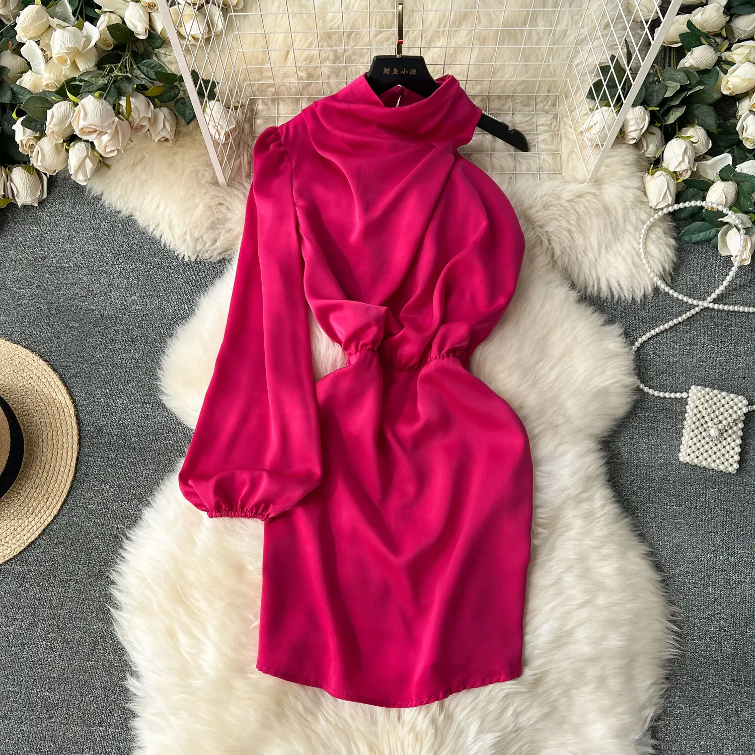 

Elegant Women One Shoulder Long Sleeve Satin Dress Solid Spring Autumn Turtleneck High Waist Lady Party Club Mini Dress Vestidos