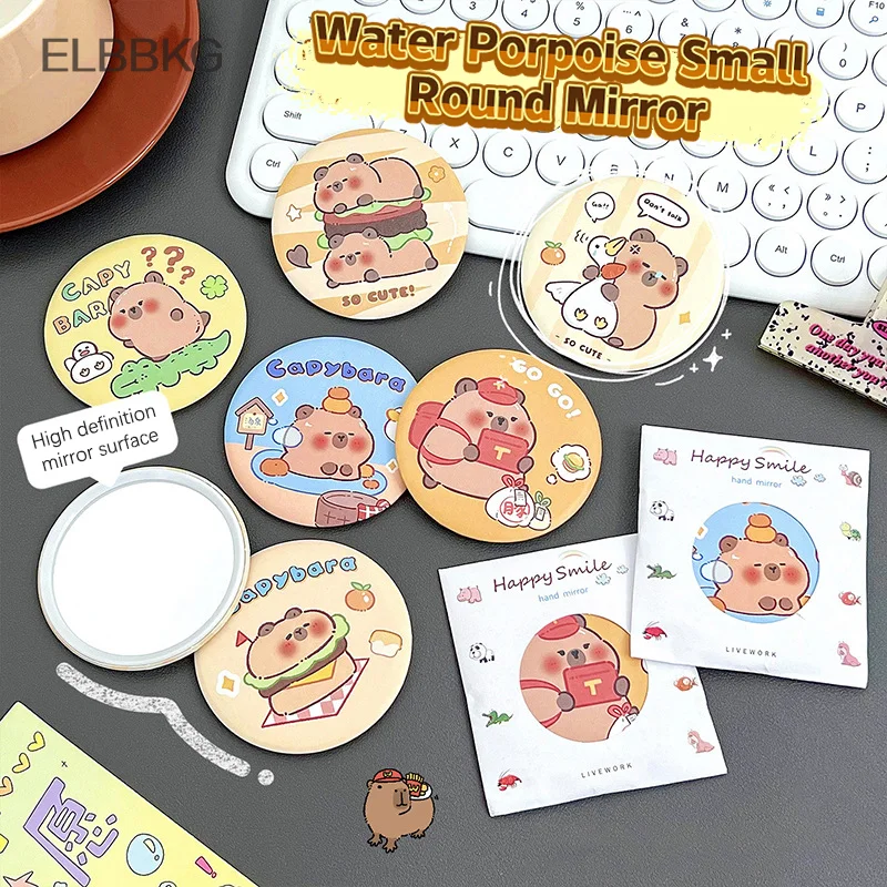 Portable Cute Round Small Mirror Cartoon Capybara Makeup Mirror Simple Pocket Compact Single-sided Makeup Mirror Small Gifts