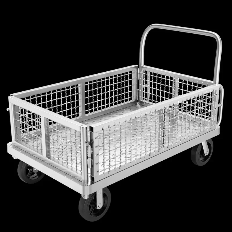 Large Folding Platform Truck with Cage Heavy Duty Cart for Grocery Moving Warehouse Logistics Hand Trolley Dolly
