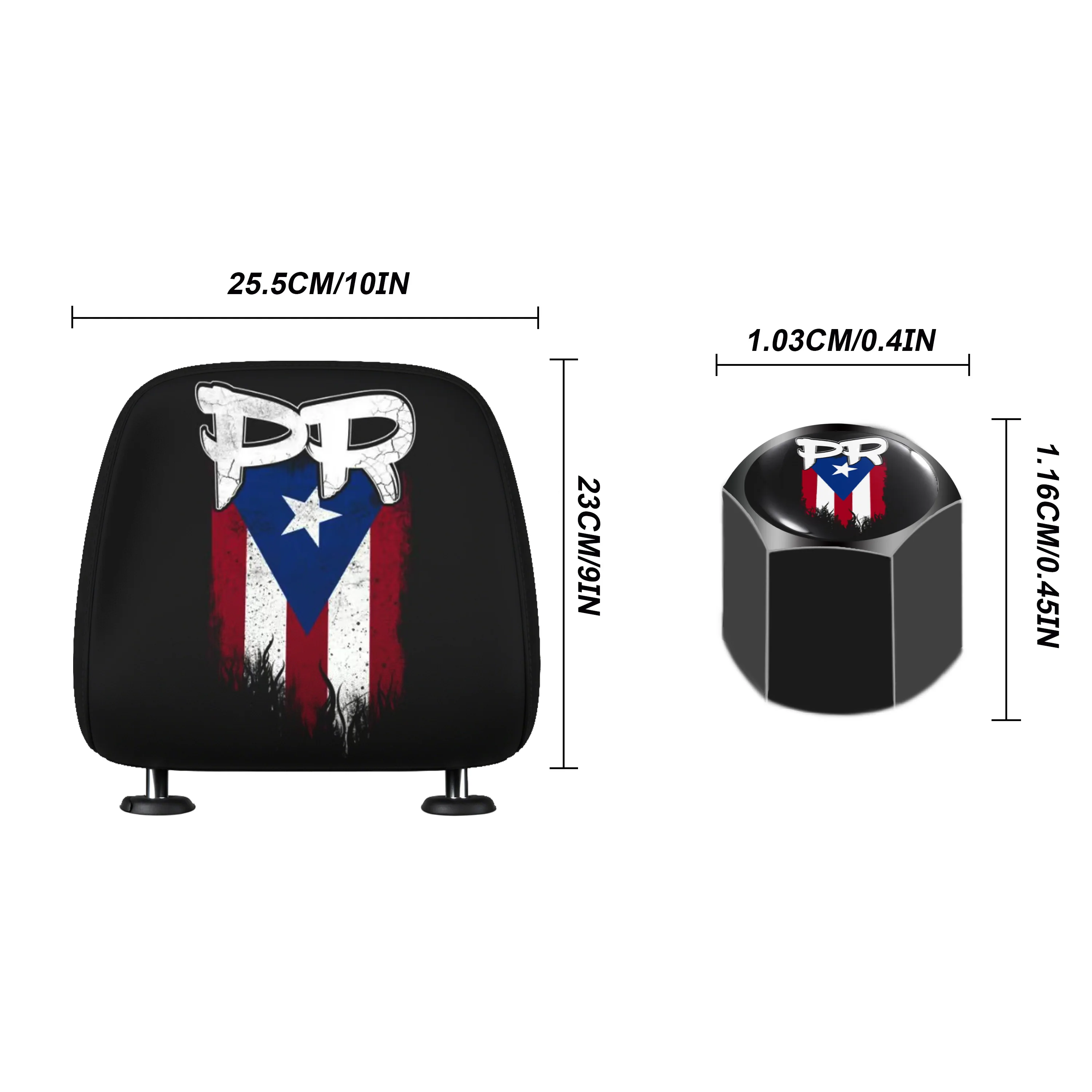 Car Accessories - 2Pcs PR Flag Headrest Covers & 4Pcs Valve Stem Caps for Car SUV Truck Durable Puerto Rican Pride Accessories