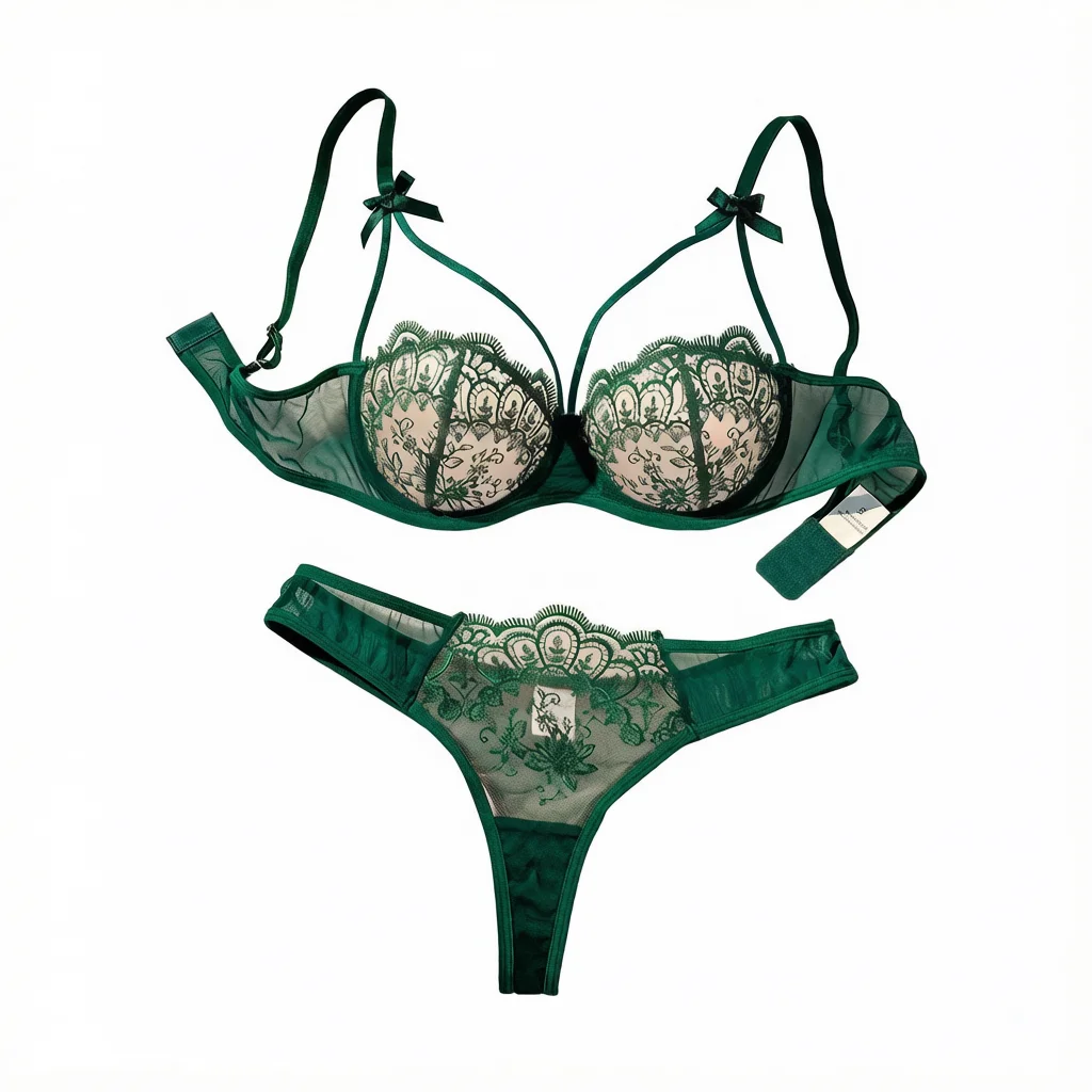 Green French-style Floral Embroidery Lace Lingerie Set, Sexy See-through Padded Support, Valentine's Day Party ZA824057