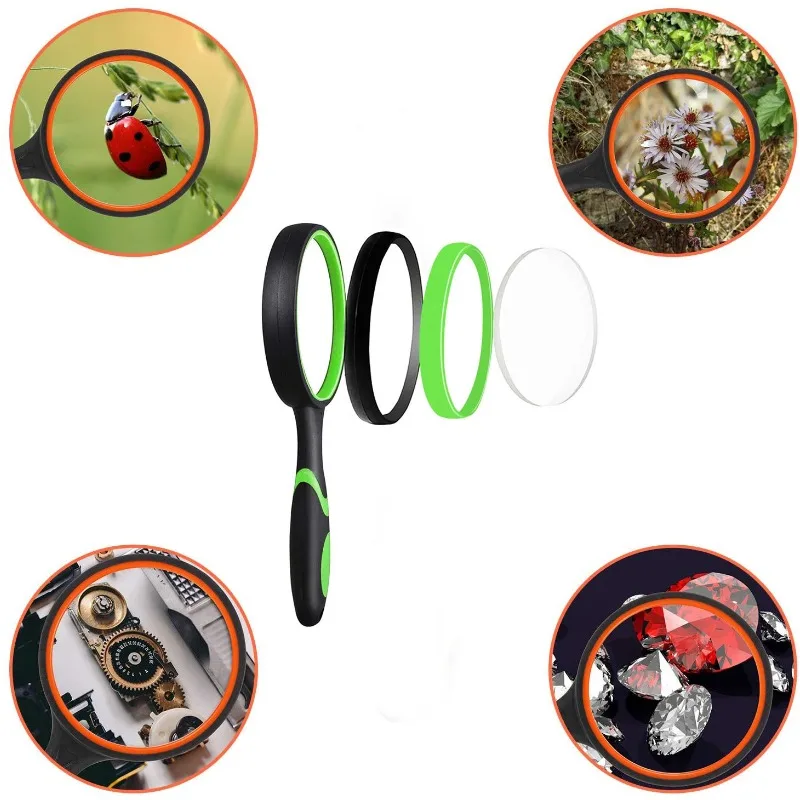 Handheld Magnifying Glass 10x Kids Seniors Magnifier Reading Exploration Non-Slip Shatterproof Magnifying Lens 50/65/75/100mm