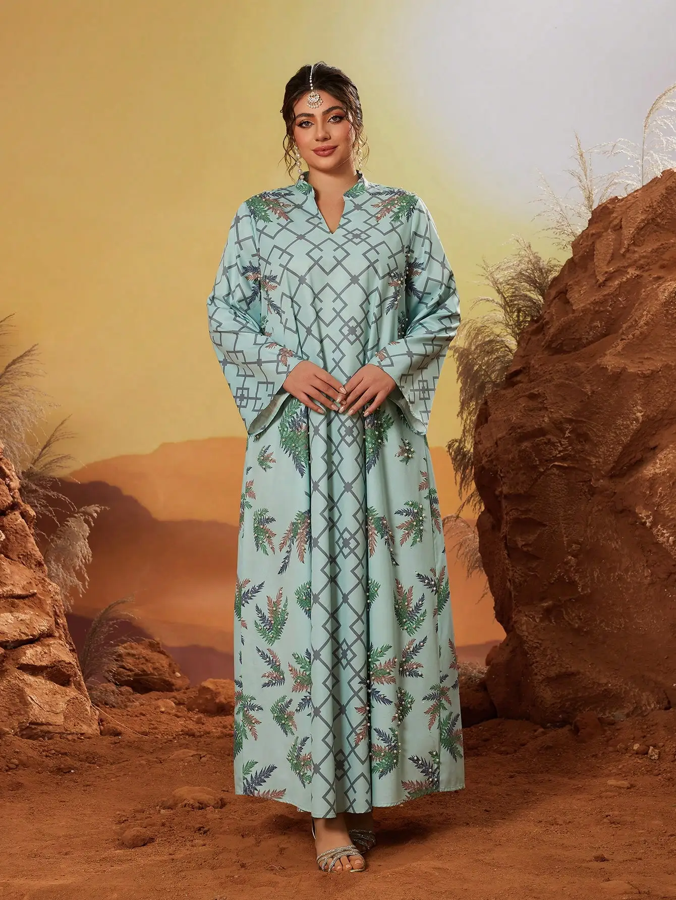 ラインストーンとビーズプリントが施された、新しいエレガントなスタンドカラーのブルカ、長袖の緑色の中東風ガウン