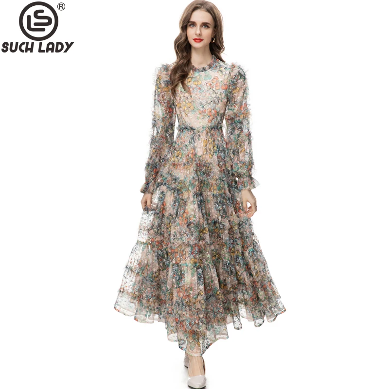 

Women's Runway Dresses Ruffled Collar Long Sleeves Floral Printed Tiered High Street Designer A Line Vestidos