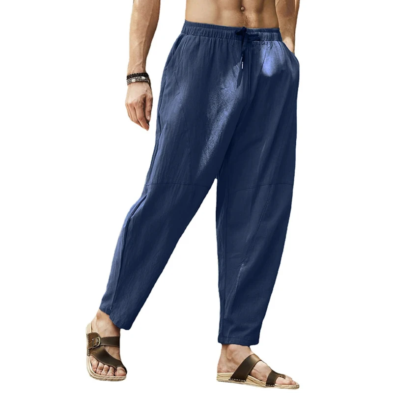 

Chinese Style Traditional Retro Men Linen Cargo Casual Loose Wide Leg Pants Zen Tea Kung Fu Wushu Ethnic Tang Trousers Bottoms