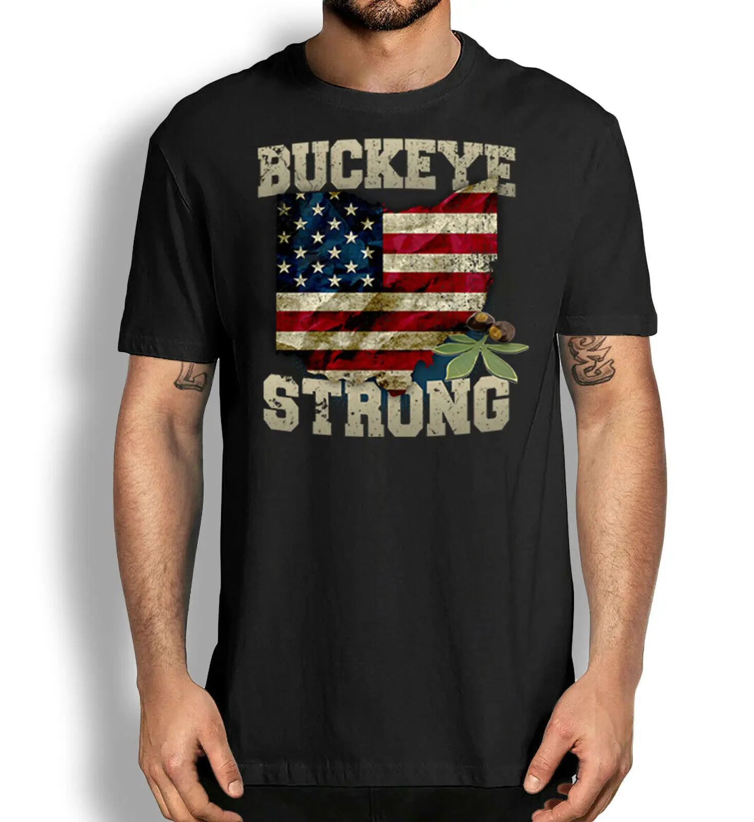 

Buckeye Lovers Tee, Ohio Buckeye Strong Shirt, Buckeye USA Flag Overlay T-shirt