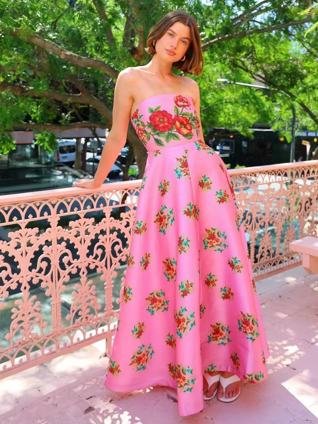 EVACANDIS High Quality Women New Pink Floral Printing Strapless Luxury Midi Dress Vintage Sweet Bohemian Chic Elegant European