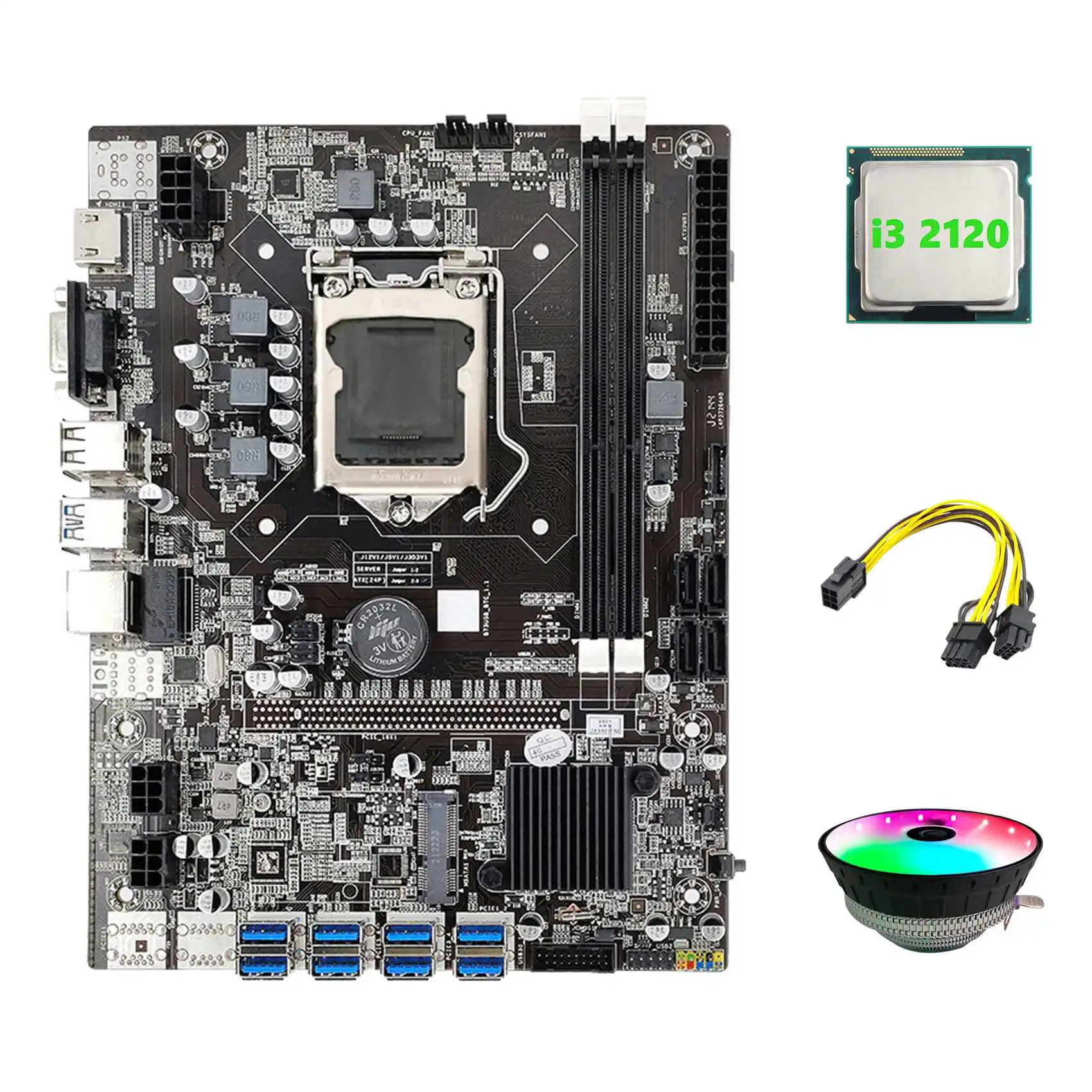 

B75 ETH Mining Motherboard 8XPCIE to USB+I3 2120 CPU+RGB Fan+6Pin to Dual 8Pin Cable LGA1155 B75 BTC Miner Motherboard