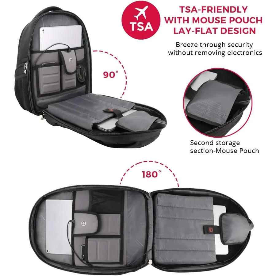 حقيبة ظهر للكمبيوتر المحمول من Swissdigital Design TSA للرجال بمنفذ شحن USB بسعة كبيرة حقيبة ظهر للسفر للأعمال باللون الأسود مع Apple Find M #5