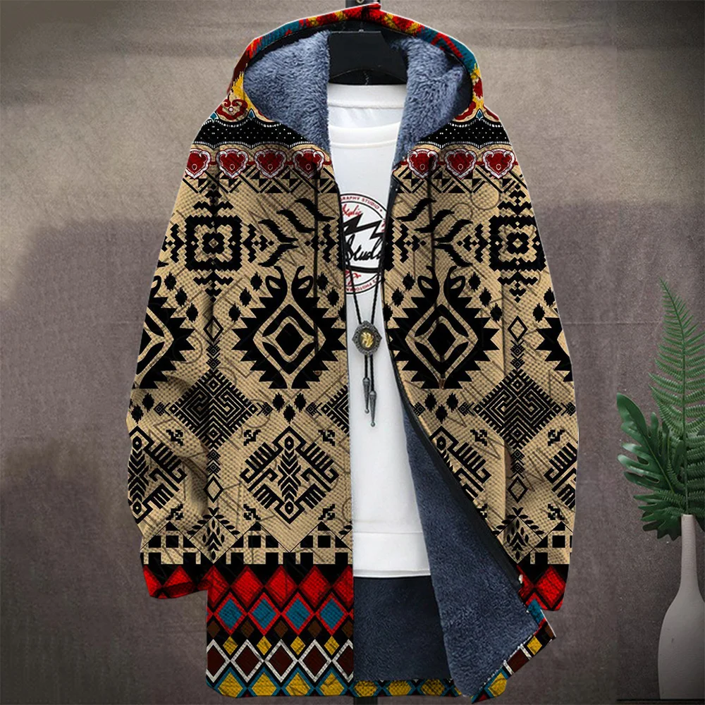 Men'S Native Retro Aztec Block Graphic Winter Coat Print Pattern Knitted Sweater Cardigan Zipper Hooded Thick Fleece For Youth