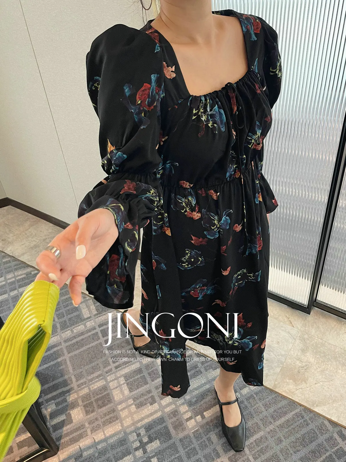 Preto floral manga longa vestido de noite mulher roupas 2025 primavera verão moda estilo coreano novo elegante festa vintage lolita