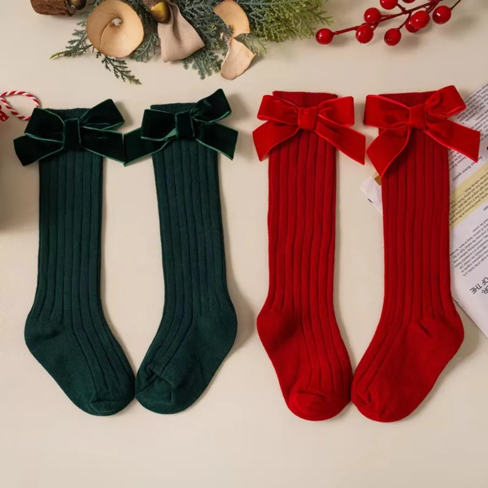 New Sweet Baby Knee High Long Sock Cotton For 0-5 Years Kids Red Socks Casual Breathable Bow Middle Tube Socks Christmas Gifts