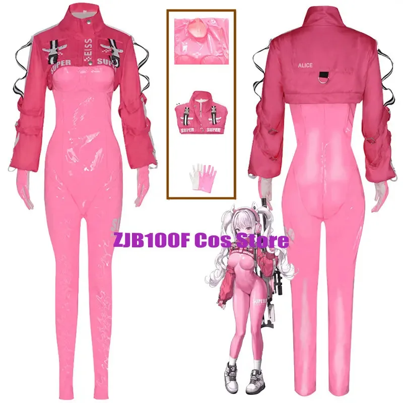 Pu NIKKE أليس تأثيري حلي أنيمي أليس ارتداءها معطف شعر مستعار تأثيري اللاتكس Catsuit بذلة سترة البدلة