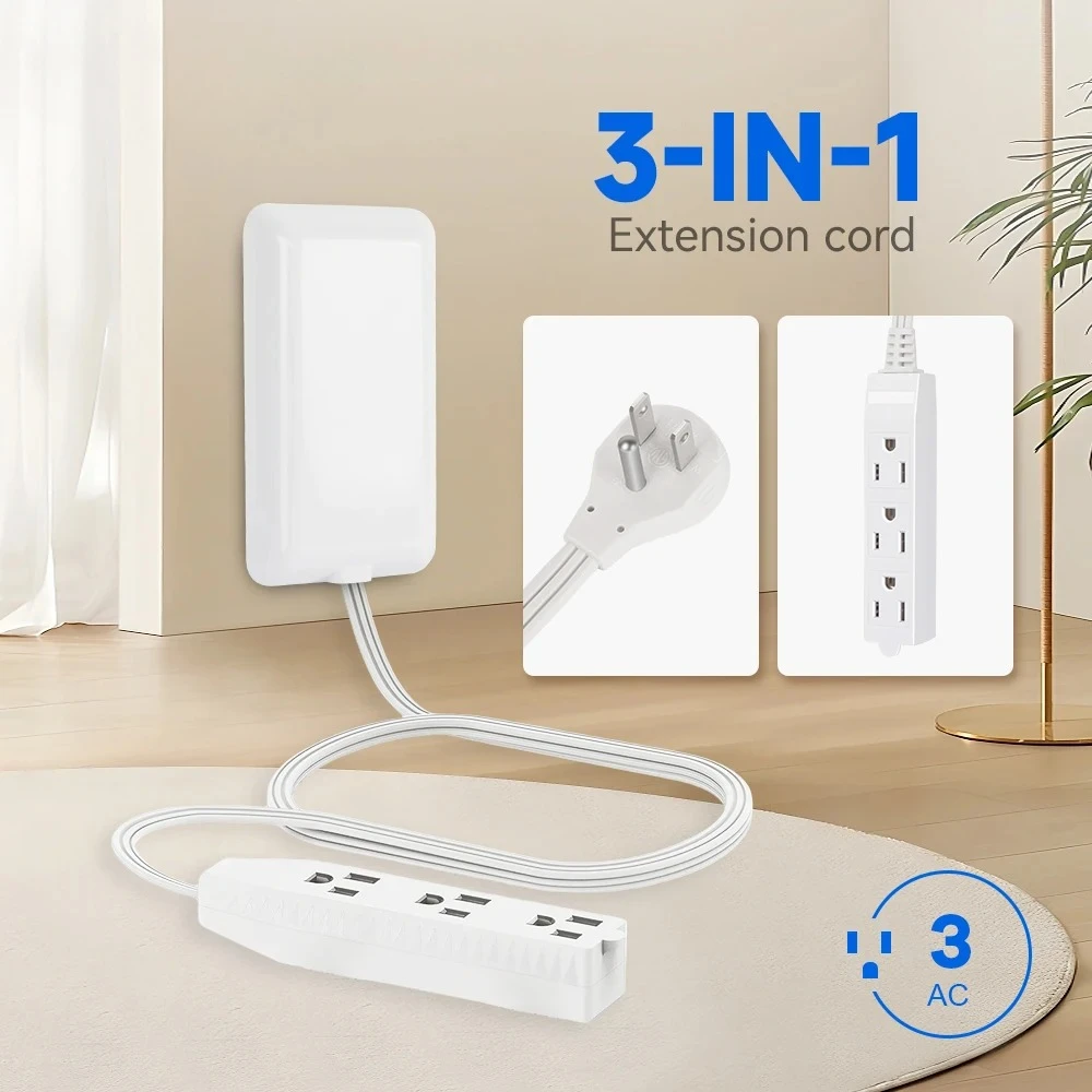 Extensor de salida de cara plana con 3 receptáculos, enchufe de placa de pared ultrafino con extensor de cable y regleta de alimentación de 3 salidas, 1625 W