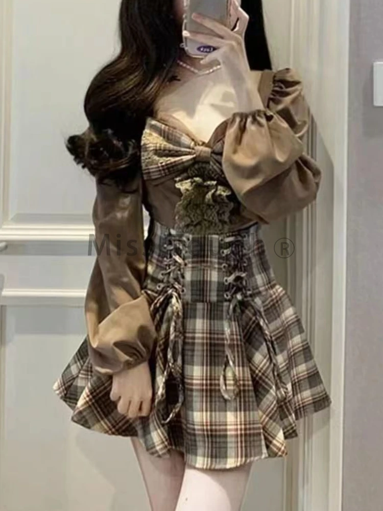 Sweet Kawaii New Two Piece Set Women Bow Plaid Y2K Patchwork minigonna Suit femminile coreano Fashion Designer Casual Cute Set 2024