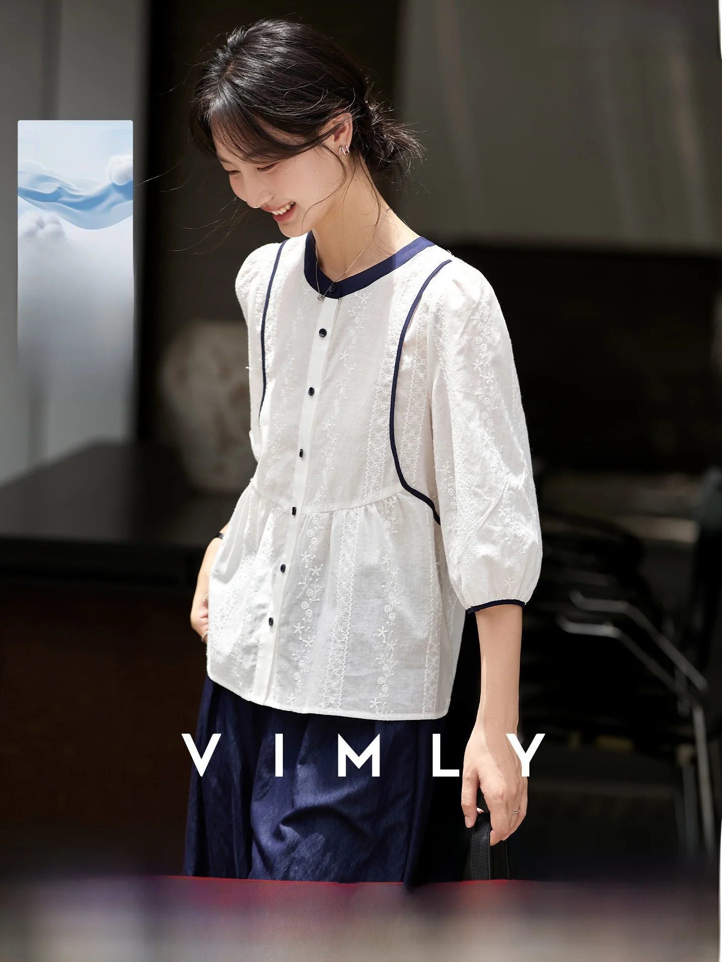 

Country Style round Neck Cotton Shirt Women's Spring Season Color Block Elegant Small Top Floral Embroidery Casual Shirt