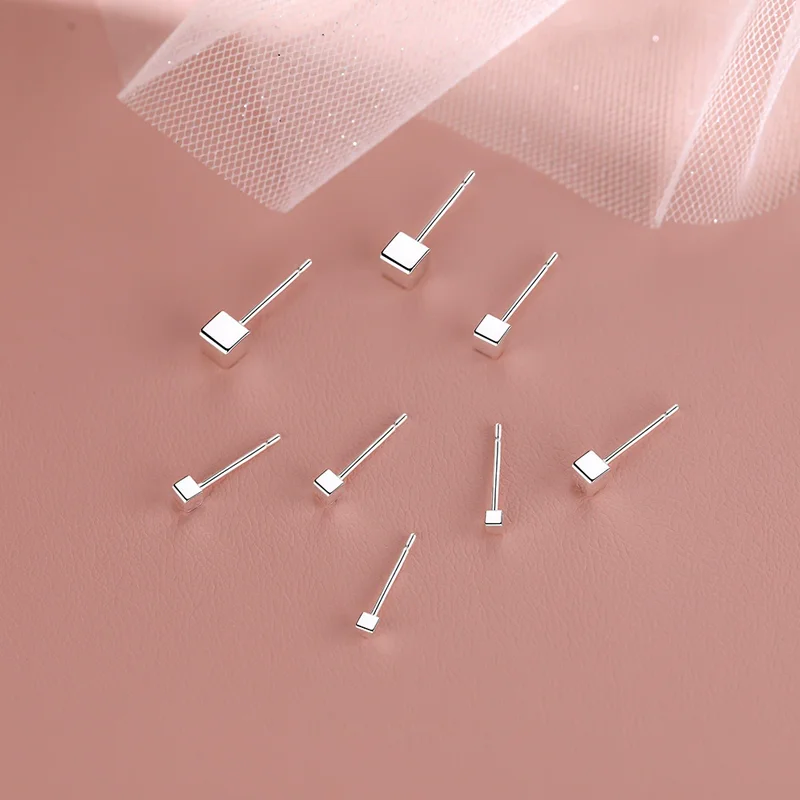 925 Sterling Silver Fashion Trend Simple Multiple Size Square Stud Earrings Hip Hop Rock Women&Men Unisexual Ear Jewelry Gift