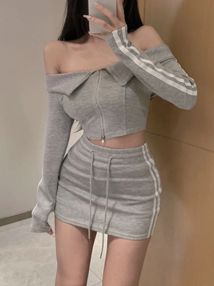 

Korean Style Elegant Slim 2 Piece Set Women Sexy Off Shouler Tops + Casual Mini Skirt Female Fashion Sport High Waist Suits 2024