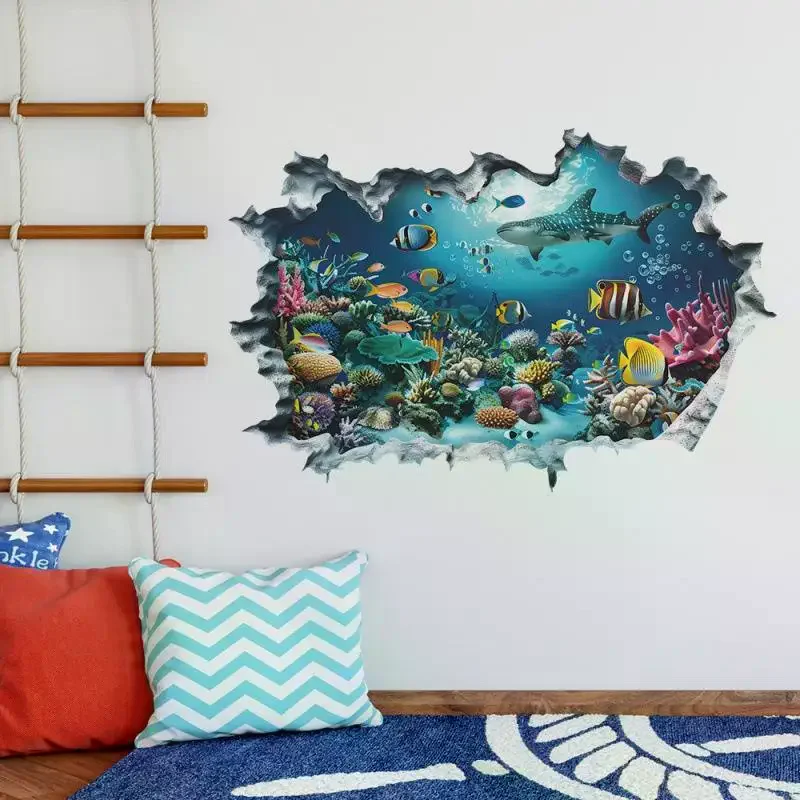 3D Wall Stickers Shark Broken Wall Aquarium Ocean Wall Stickers For Kids Room Bathroom Kitchen Home Decor