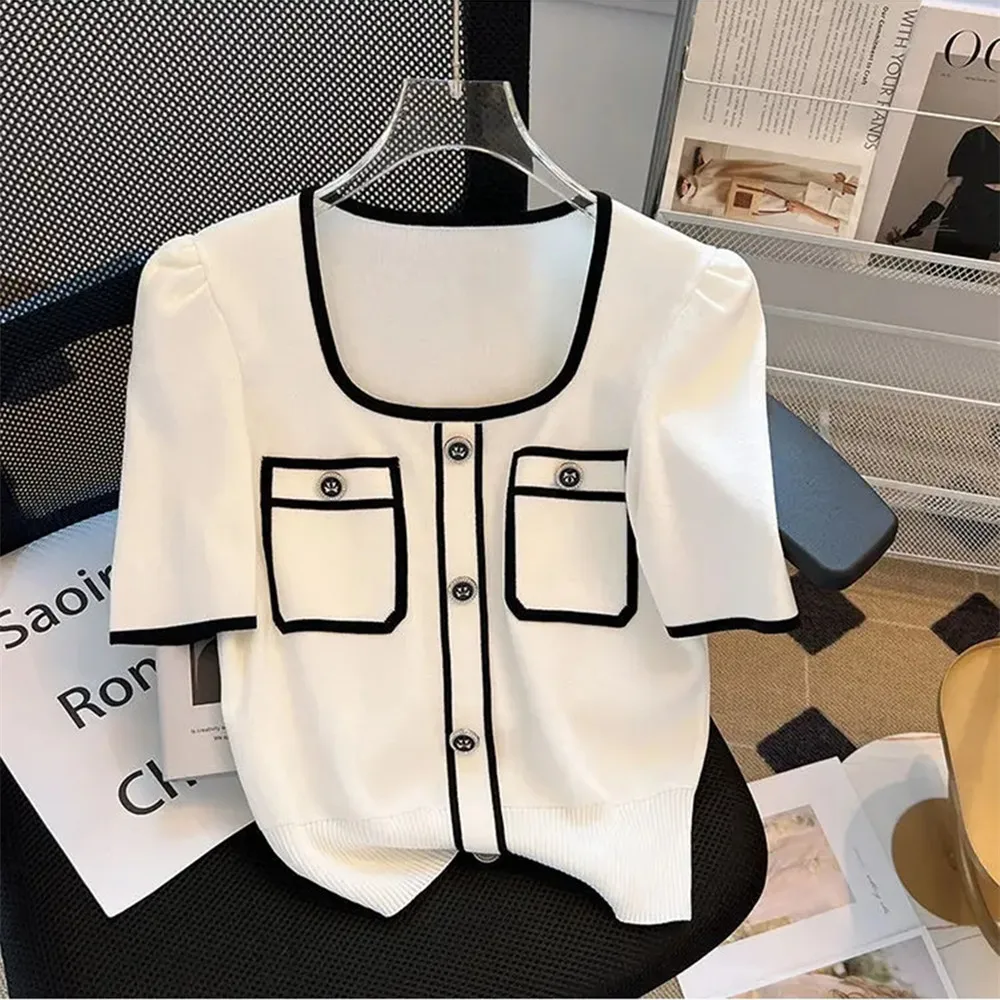 

Summer Sweater Women's Knit Tops y2k Casual Short Sleeve Woman Clothes Versatile Square Collar Lady Pullover Knitwear Tops